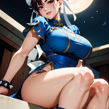 capcom, street fighter, chun-li, stable diffusion, 1girls, blue dress, bracelet, breasts, brown eyes, brown hair, curvaceous, curvy body, curvy female, female focus, huge breasts