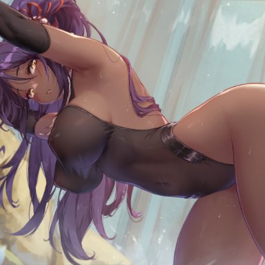 bleach, shihouin yoruichi, mitsu art, 1girls, armpits, bent over, big breasts, black leotard, blush, breasts, covered erect nipples, covered navel, dark-skinned female, dark skin, dripping