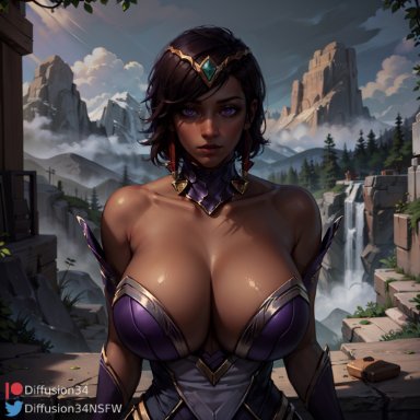 league of legends, riot games, karma (league of legends), stable diffusion, 1girls, brown hair, cleavage, close-up, collarbone, dark-skinned female, dark skin, earrings, eyebrows, eyelashes, female