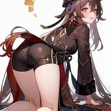 genshin impact, hu tao (genshin impact), nai diffusion, 1girls, all fours, bent over, brown hair, bubble butt, clothed, clothing, female, long sleeves, looking at viewer, red eyes, short shorts