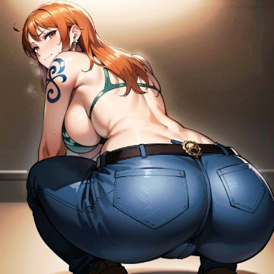 one piece, nami (one piece), ass, ass focus, bare shoulders, bikini top, blush, breasts, brown eyes, cameltoe, come hither, denim, female, from behind, huge ass