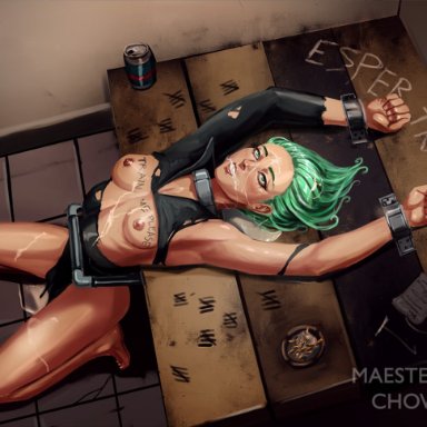 one-punch man, tatsumaki, maesterchow, 1girls, after rape, after sex, arched back, armpits, arms above head, arms up, ash tray, bent over, bent over table, bondage, bound