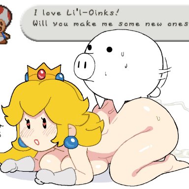 mario (series), nintendo, paper mario, li'l oink, princess peach, toad (mario), &lt;3 eyes, anal, ass, balls, black eyes, blonde hair, blush, bodily fluids, breasts