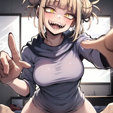 my hero academia, himiko toga, puffyart, 1girl1boy, 1girls, bangs, bedroom, blonde hair, blunt bangs, cowgirl position, creepy smile, female on top, femdom, pussy, pussy juice