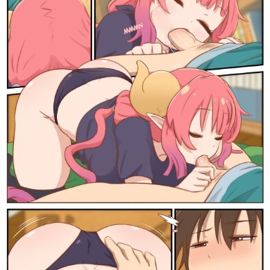 kobayashi-san chi no maidragon, miss kobayashi's dragon maid, ilulu (dragon maid), taketo (dragon maid), greatm8, 1boy, 1girls, black panties, canon couple, fellatio, fellatio from feral, horns, large breasts, large penis, pink eyes