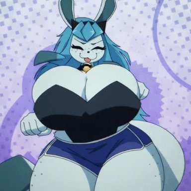 nintendo, pokemon, eeveelution, fan character, generation 4 pokemon, glaceon, pokemon (species), kirumo-kat, anthro, anthrofied, bell, bell collar, big breasts, bottomwear, bouncing breasts