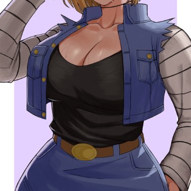 dragon ball, android 18, gud0c, 1girls, android, big breasts, blushing, clothed, female, female focus, female only, looking at viewer, solo, solo female, solo focus