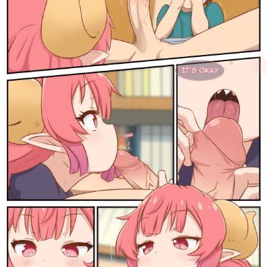 kobayashi-san chi no maidragon, miss kobayashi's dragon maid, ilulu (dragon maid), taketo (dragon maid), greatm8, 1boy, 1girls, canon couple, horns, large breasts, licking penis, pink eyes, pink hair, sharp teeth