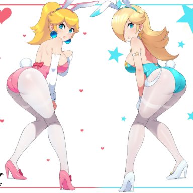 mario (series), nintendo, princess peach, princess rosalina, kaos art, 2girls, ass, blonde hair, blue eyes, breasts, bunny ears, bunny girl, bunnysuit, female, female only