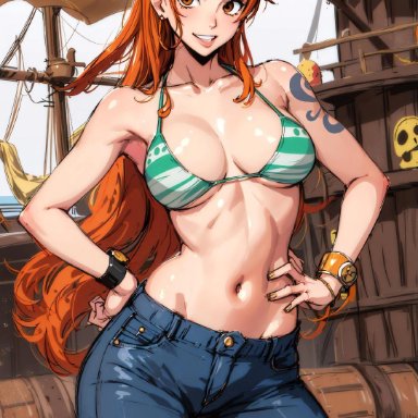 one piece, nami, nami (one piece), bikini, bikini top, bracelet, jeans, orange eyes, orange hair, painted nails, pirate, smile, tattoo, tiaoppai, ai generated