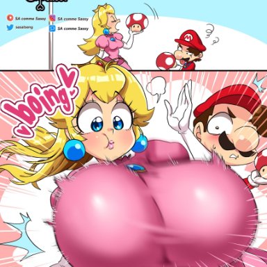 mario (series), nintendo, super mario bros., mario, princess peach, sasatseng, 1boy, 1boy1girl, 1girls, athletic, athletic female, big breasts, blonde hair, blue eyes, breast expansion