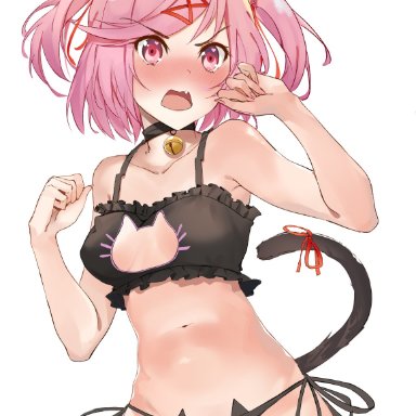 doki doki literature club, xhunzei, 1girls, angry, ass visible through thighs, bare legs, bare shoulders, black bra, black lingerie, black panties, blush, boob window, breasts, cat bell, cat ears