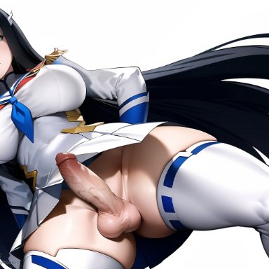 kill la kill, kiryuuin satsuki, shadyfox, stable diffusion, 1futa, angry, bangs, big breasts, black hair, blue eyes, blue sailor collar, breasts, clenched teeth, covered breasts, covered nipples