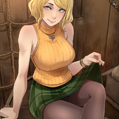 resident evil, resident evil 4, resident evil 4 remake, ashley graham, butcha-u, arm support, barrel, blonde hair, bob cut, boots, clothes lift, crossed legs, female, green skirt, jewelry