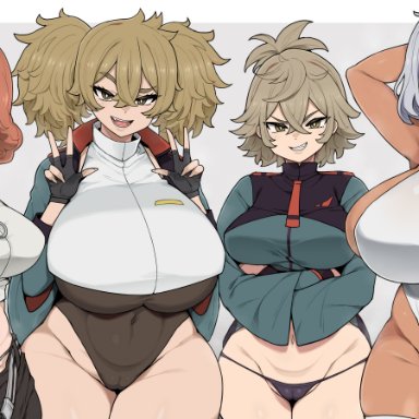 gundam, gundam suisei no majo, felsi rollo, renee costa, secelia dote, sophie pulone, otogi tetsurou, 4girls, alternate breast size, armpits, arms behind head, arms up, big breasts, black panties, blue eyes