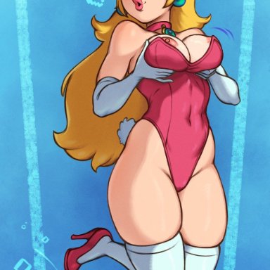 mario (series), nintendo, super mario bros., princess peach, forkedtail, 1girls, :o, areolae, arm gloves, armwear, bent leg, blonde hair, blue eyes, blush, breasts