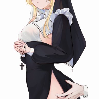 genshin impact, lumine (genshin impact), unosaki2, 1girls, ass grab, blonde hair, cross, cross necklace, female, grabbing, groping, nun, nun's habit, nun outfit, prayer beads