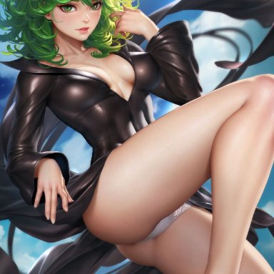 one-punch man, tatsumaki, neoartcore, 1girls, black dress, cleavage, cute, dress, female, female only, green eyes, green hair, panties, short hair, small breasts