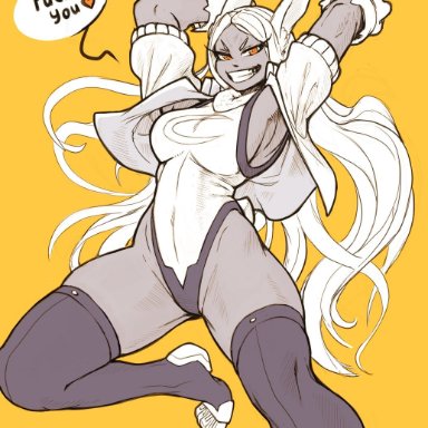 my hero academia, miruko, rumi usagiyama, demimond23, 1girls, armpits, arms up, athletic female, breasts, calves, clothed, clothed female, clothes, clothing, dark-skinned female