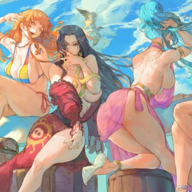 one piece, boa hancock, nami, nefertari vivi, nico robin, vinsmoke sanji, cutesexyrobutts, 4girls, ass, bikini, black hair, blonde hair, blue eyes, blue hair, blush