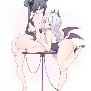 blue archive, hina (blue archive), kisaki (blue archive), lamsass, 2girls, adapted costume, ahoge, animal ears, anklet, ass, bare arms, bare legs, bare shoulders, black hair, black leotard