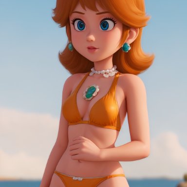 mario (series), nintendo, super mario bros. (2023 film), princess daisy, butts69420, bikini, bikini bottom, bikini top, blue eyes, brown hair, crown, swimsuit, swimwear, ai generated, high resolution