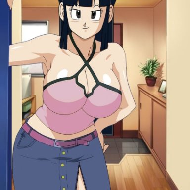 dragon ball, chichi, 1girls, big breasts, black hair, busty, chichi verse, cleavage, hand on hip, large breasts, leaning forward, legs, long hair, looking at viewer, mature