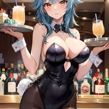 genshin impact, eula (genshin impact), stable diffusion, 1girls, alcohol, blue hair, breasts, bunny tail, bunnysuit, cleavage, drink, female, large breasts, leotard, pantyhose