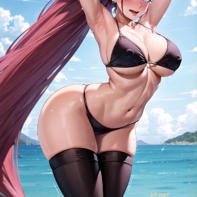 game freak, nintendo, pokemon, pokemon (anime), jessie (pokemon), team rocket, ai art panwho, stable diffusion, 1girls, armpits, arms up, beach, bikini, black bikini, blue eyes