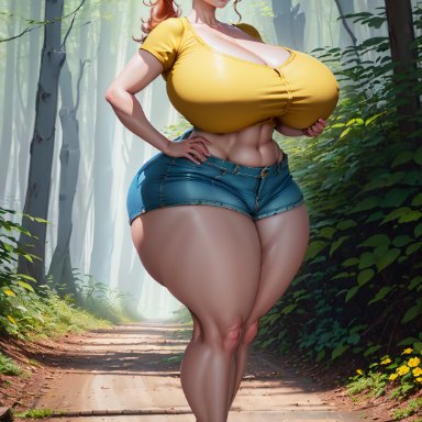 pokemon, kasumi (pokemon), misty (pokemon), stable diffusion, thicknesslord, abs, blue eyes, breasts bigger than head, curvy, detailed background, forest, grabbing own breast, high heels, huge ass, looking at viewer