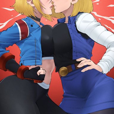 capcom, dragon ball, street fighter, street fighter 6, android 18, cammy white, flytrapxx, angry, ass, blonde hair, blue eyes, blue jacket, blue skirt, breasts, british