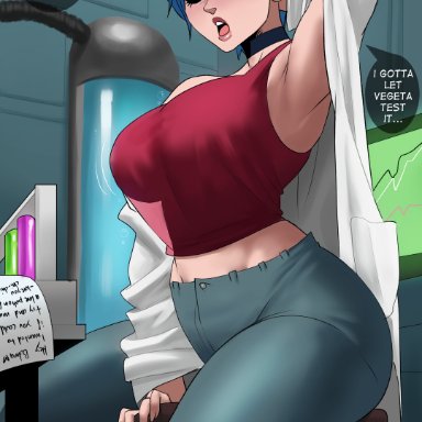 dragon ball, dragon ball super, bulma, bulma (dragon ball), bulma briefs, echosaber, 1girls, big breasts, blue hair, breasts, female, jeans, labcoat, light skinned female, scientist