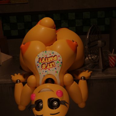 five nights at freddy's, five nights at freddy's 2, toy chica (fnaf), feversfm, 1girls, animatronic, bib, big breasts, blush, breasts, eyebrows, eyelashes, female, female only, glowing eyes