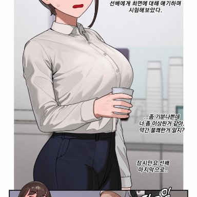 original, sohn woohyoung, 1boy, blue pants, blush, breasts, brown eyes, brown hair, collared shirt, cup, dress shirt, erection, female, holding, holding cup