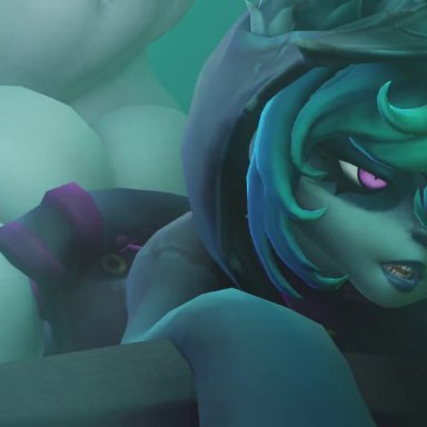 league of legends, vex (league of legends), rougenine, 1boy, 1girls, ass, clothing, goth, green hair, human, interspecies, male/female, no panties, purple eyes, sex