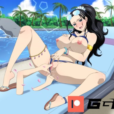 one piece, nico robin, ggc, akuma no mi, anal, anal insertion, black hair, blonde hair, blush, cleavage, female only, fingering, fingering ass, fingering pussy, fingers