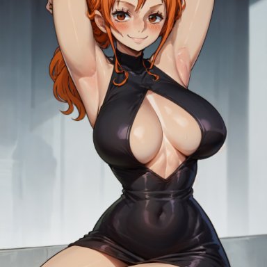 one piece, nami, amiral ai, stable diffusion, 1girls, armpits, arms up, black dress, breasts, dress, female, hips, large breasts, long hair, orange hair