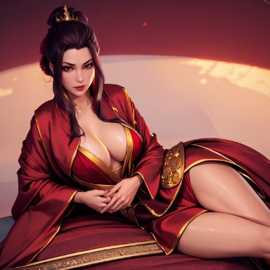 avatar the last airbender, azula, stable diffusion, 1girls, bed, bedroom, black hair, breasts, cleavage, clothing, dark hair, female, female focus, female only, fire nation