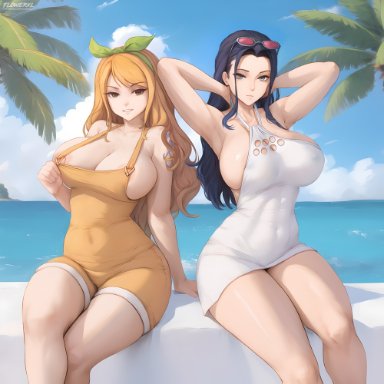 one piece, nami, nico robin, flowerxl, 2girls, armpits, beach, black hair, blue eyes, brown eyes, cleavage, dress, female, female only, huge breasts