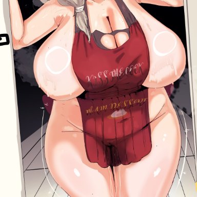 uzaki-chan wa asobitai!, uzaki tsuki, deooxido, 1girls, apron, apron only, breasts, female, grey hair, hips, huge breasts, light-skinned female, light skin, long hair, massive breasts