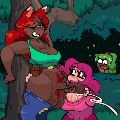 terraria, dryad (terraria), party girl (terraria), zoologist (terraria), xenopavilia, 1futa, 2girls, animal ears, armpit hair, balls, breasts, brown skin, clothed, clothing, cum