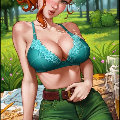 stardew valley, robin (stardew valley), aroma sensei, 1girls, big breasts, blush, bra, breasts, earrings, female, female focus, female only, freckles, freckles on breasts, freckles on face