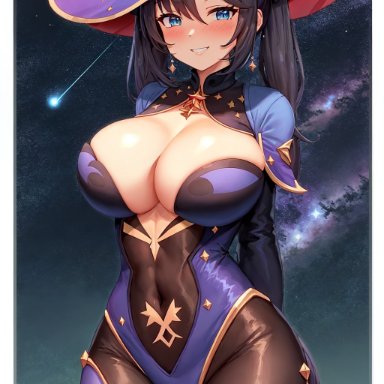 genshin impact, mona (genshin impact), alternate breast size, black hair, blue eyes, blush, breasts, closed mouth, covered navel, earrings, eyebrows visible through hair, hat, hips, large breasts, leggings