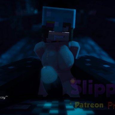 minecraft, jenny belle, warden (minecraft), slipperyt, 1boy, 1girls, big penis, bisexual (female), blue eyes, blushing, breasts, brown hair, cave, drooling, erect nipples