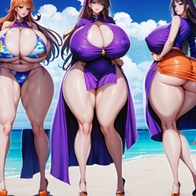 one piece, boa hancock, nami, nico robin, stable diffusion, thicknesslord, 3girls, abs, big ass, big breasts, bikini, female, female only, gigantic breasts, high heels