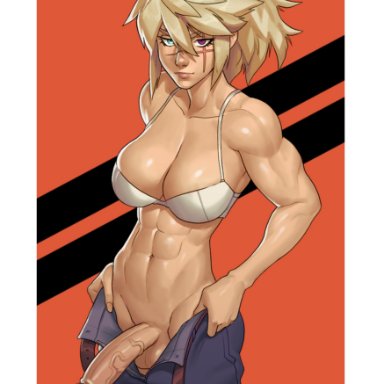 original, g (golgotha), blanclauz, 1futa, abs, ahoge, balls, belt, biceps, big balls, big breasts, big penis, black pants, blonde hair, blue eyes