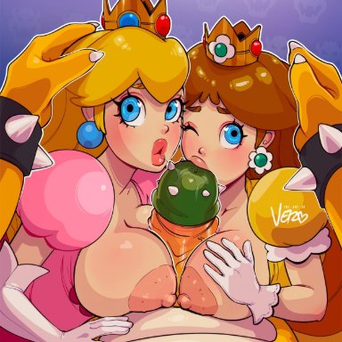 mario (series), nintendo, bowser, princess daisy, princess peach, vero, 1boy, 1boy2girls, 2girls, big breasts, big penis, blonde hair, blue eyes, blush, breast press