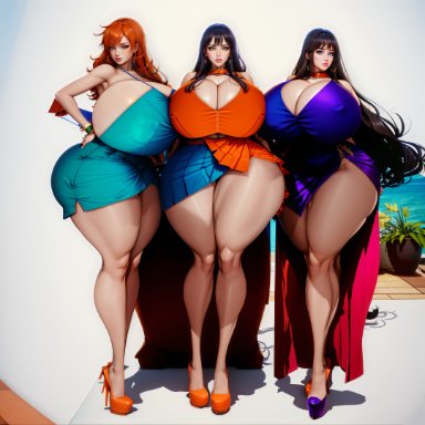 one piece, boa hancock, nami, nico robin, stable diffusion, thicknesslord, 3girls, abs, big ass, big breasts, bikini, curvaceous, curvy, female, female only