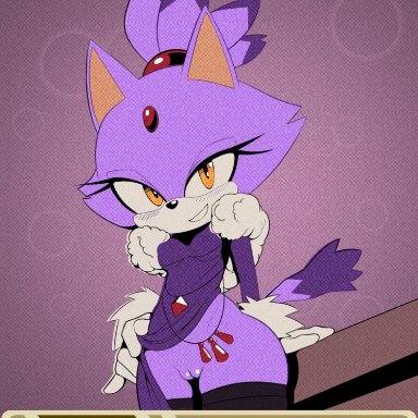 sega, sonic the hedgehog (series), the murder of sonic the hedgehog, blaze the cat, delicioussoup, anthro, bedroom eyes, blush, blush lines, bottomless, bottomless skirt, breasts, clothed, clothing, clothing lift