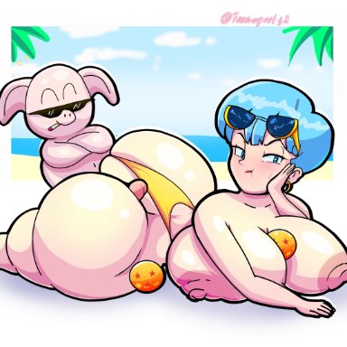 dragon ball, dragon ball super, dragon ball z, bulma, bulma (dragon ball), bulma briefs, oolong, francyart34, beach, big ass, big breasts, buttjob, covered buttjob, milf, size difference